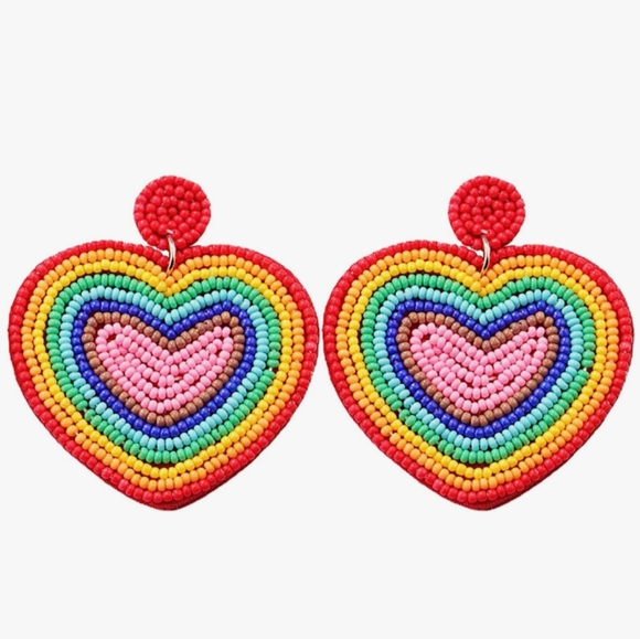 Handmade Large Rainbow Heart Beaded Earrings Bead Hearts Cute Statement Jewelry - Picture 5 of 5